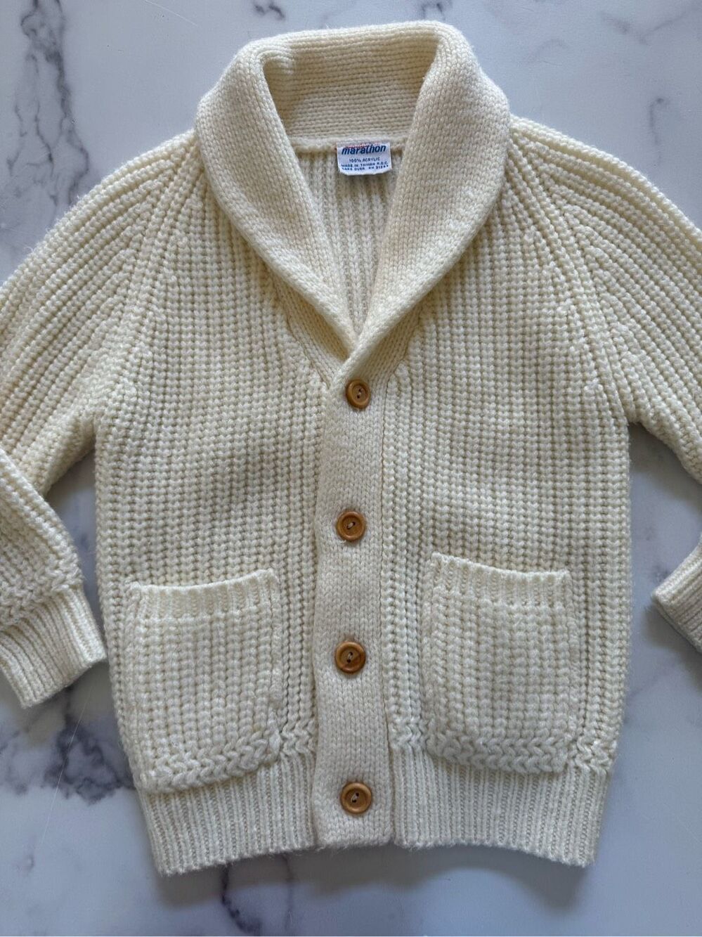 Marathon cream button up grandpa vintage 70s knit unisex kids cardigan sweater